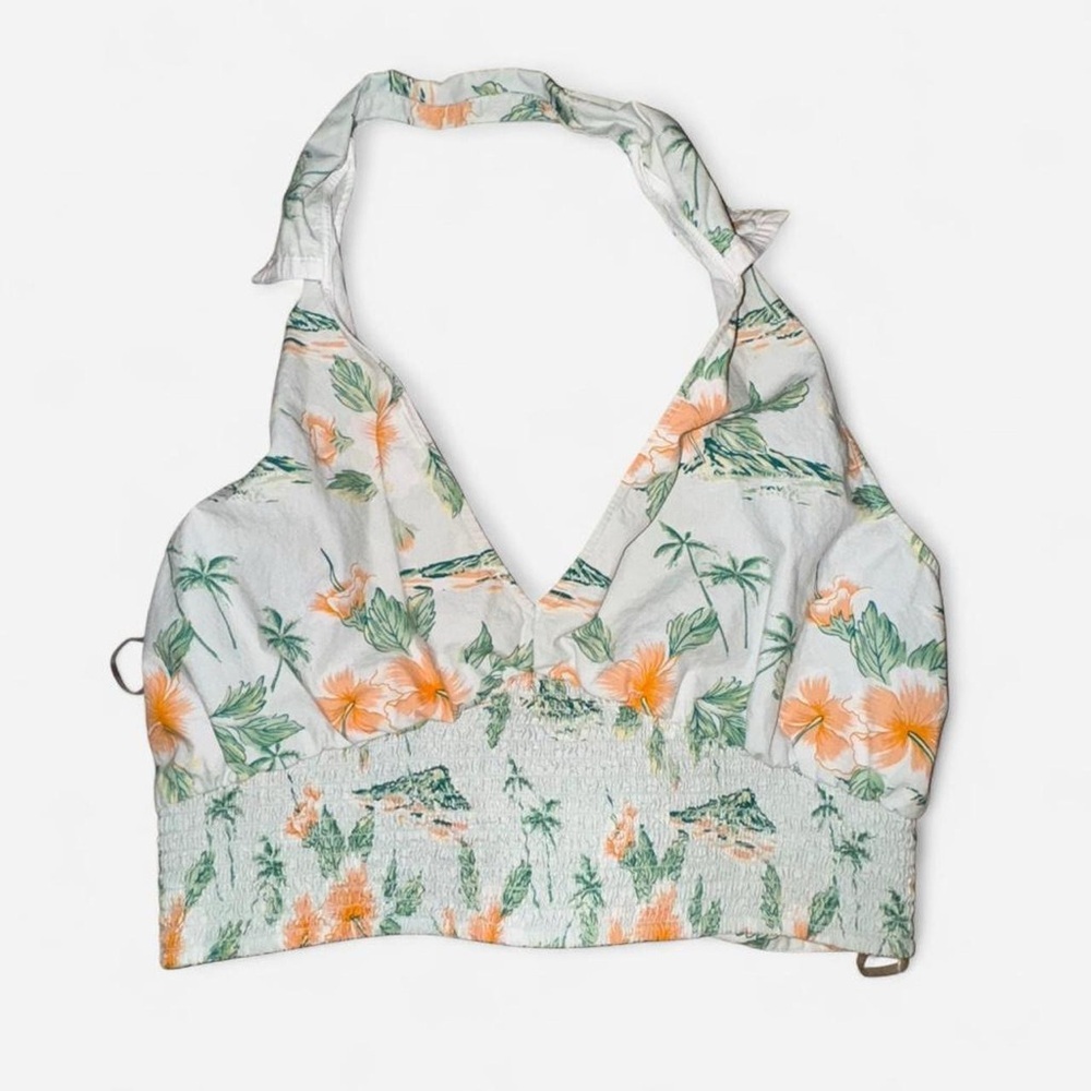 American Eagle Floral Halter Crop Top XXL Boho Summer Tie Front Smocked
